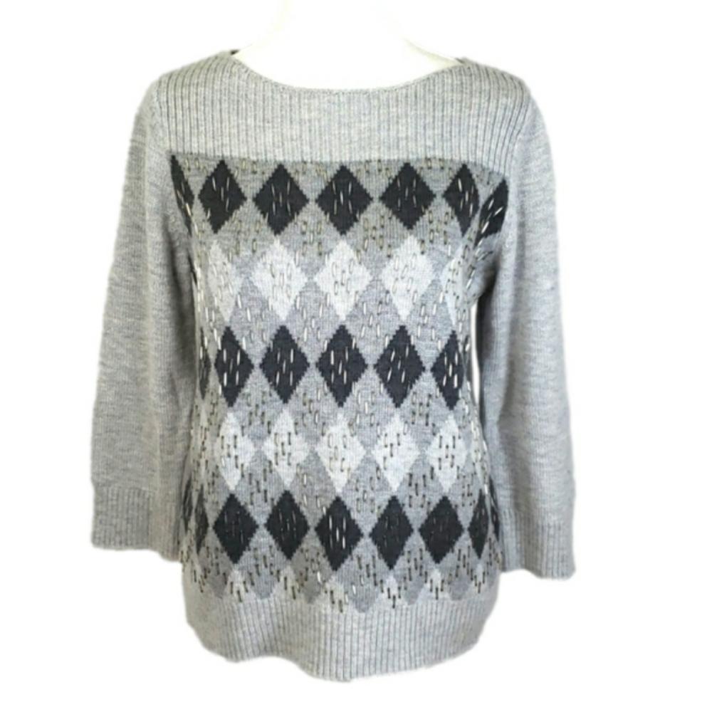 Talbots Petites Sweater Gray 3/4 Sleeves Size MP Scoop neckline